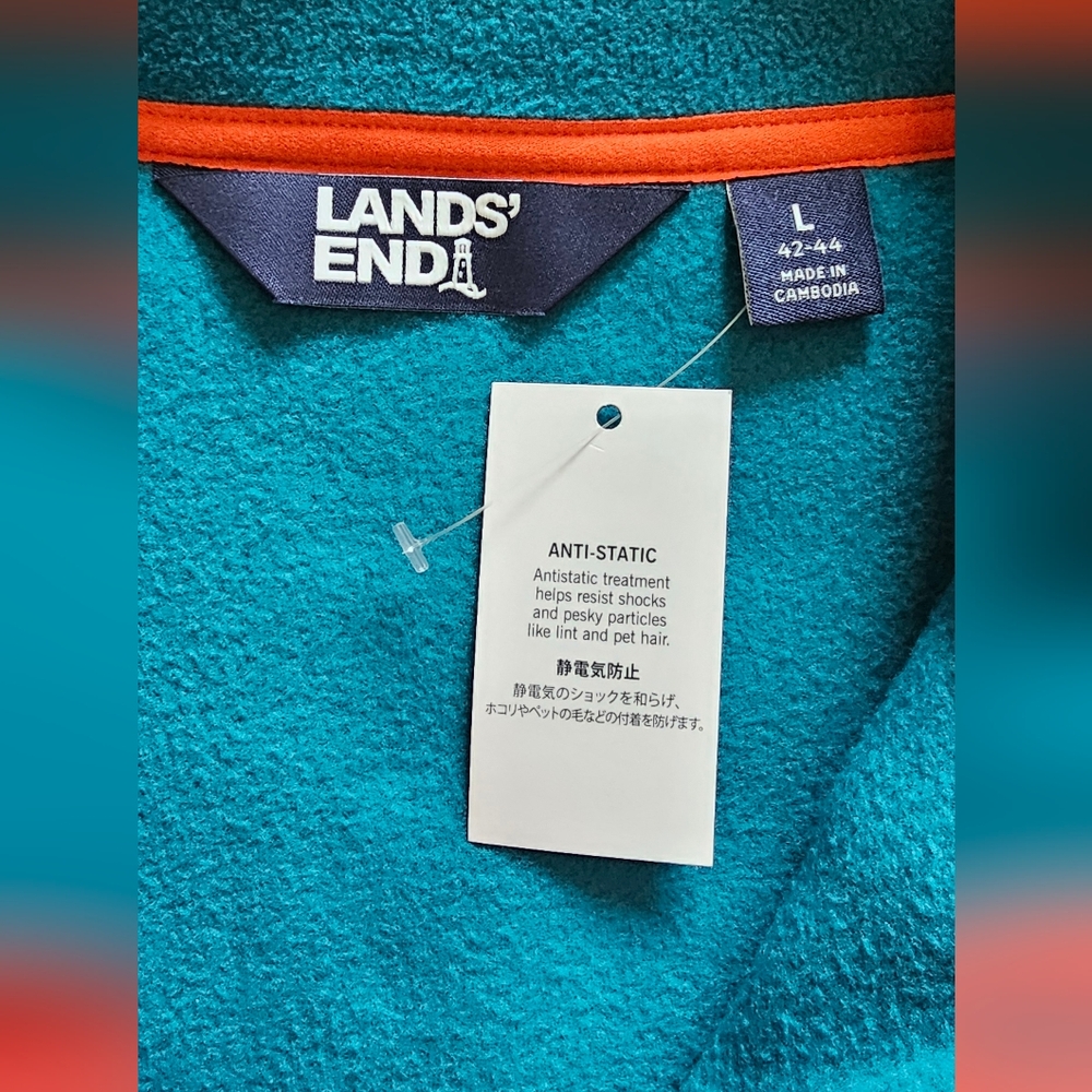 Lands' End Teal & Navy Colorblock Snap Fleece with Coral Trim NWT - Picture 4 of 7